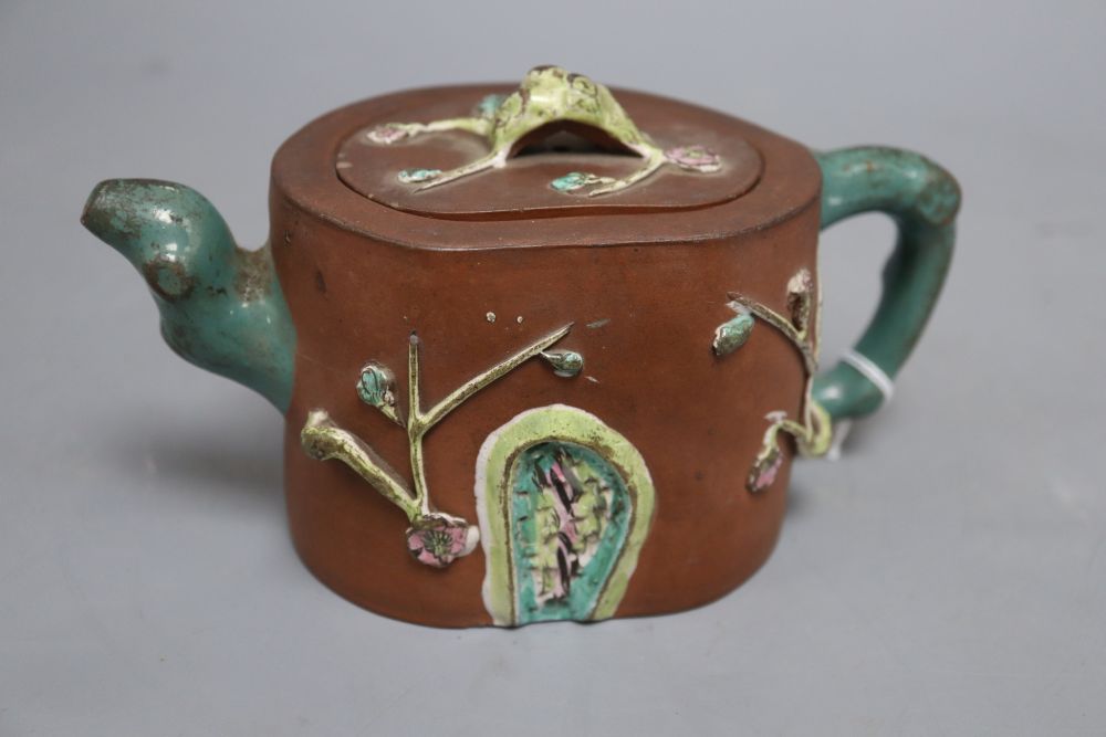 A 19th century Chinese Yixing enamelled teapot and cover, height 11cm